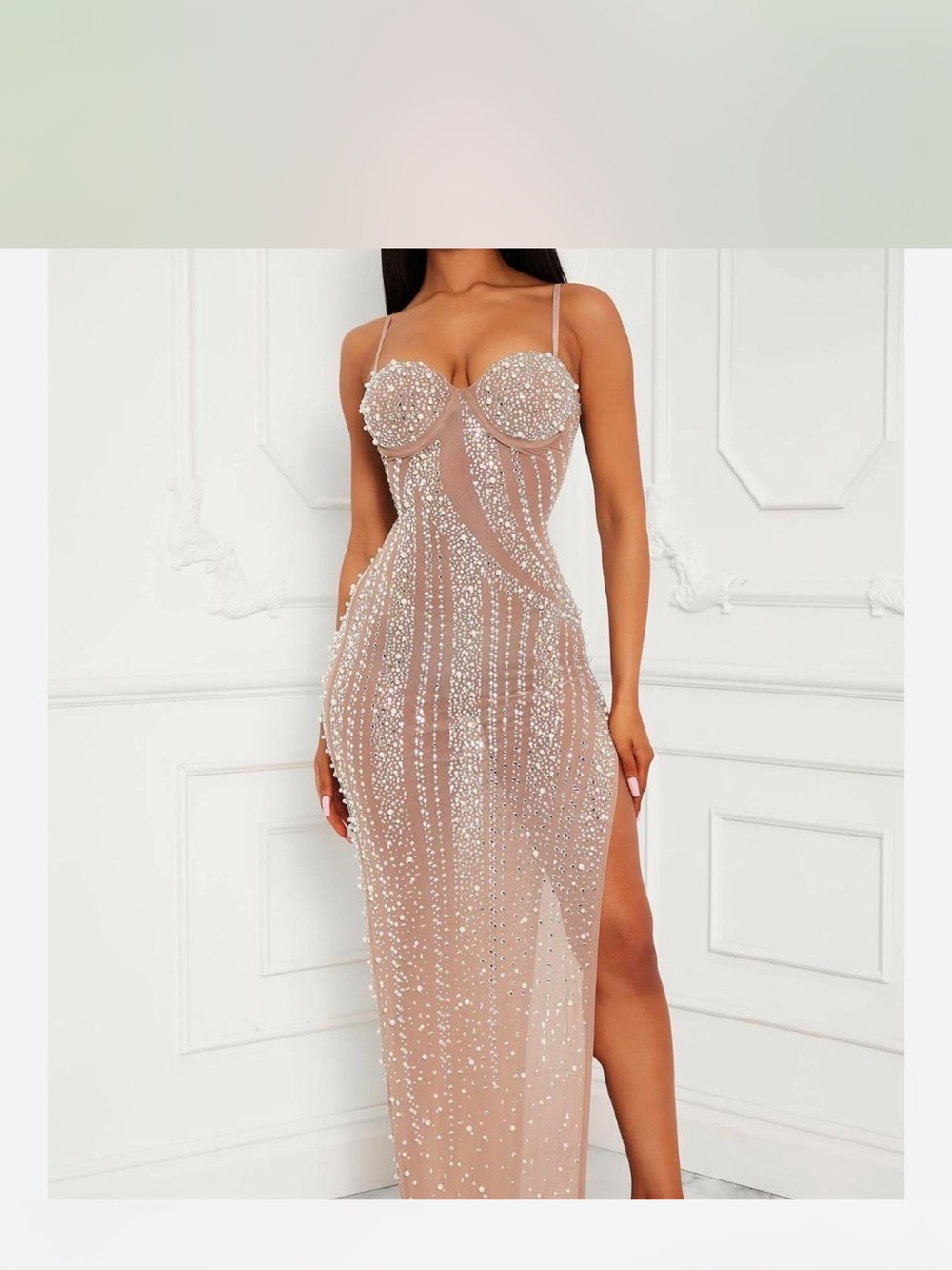 Fashion Nova Nude Beaded Mesh Maxi Dress with Spaghetti Straps